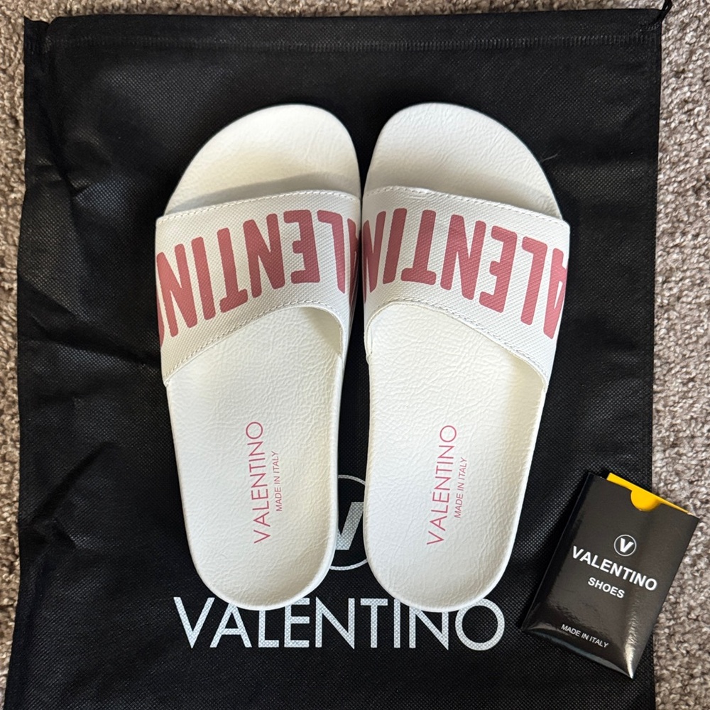 Valentino Cream and Pink Slide Sandals